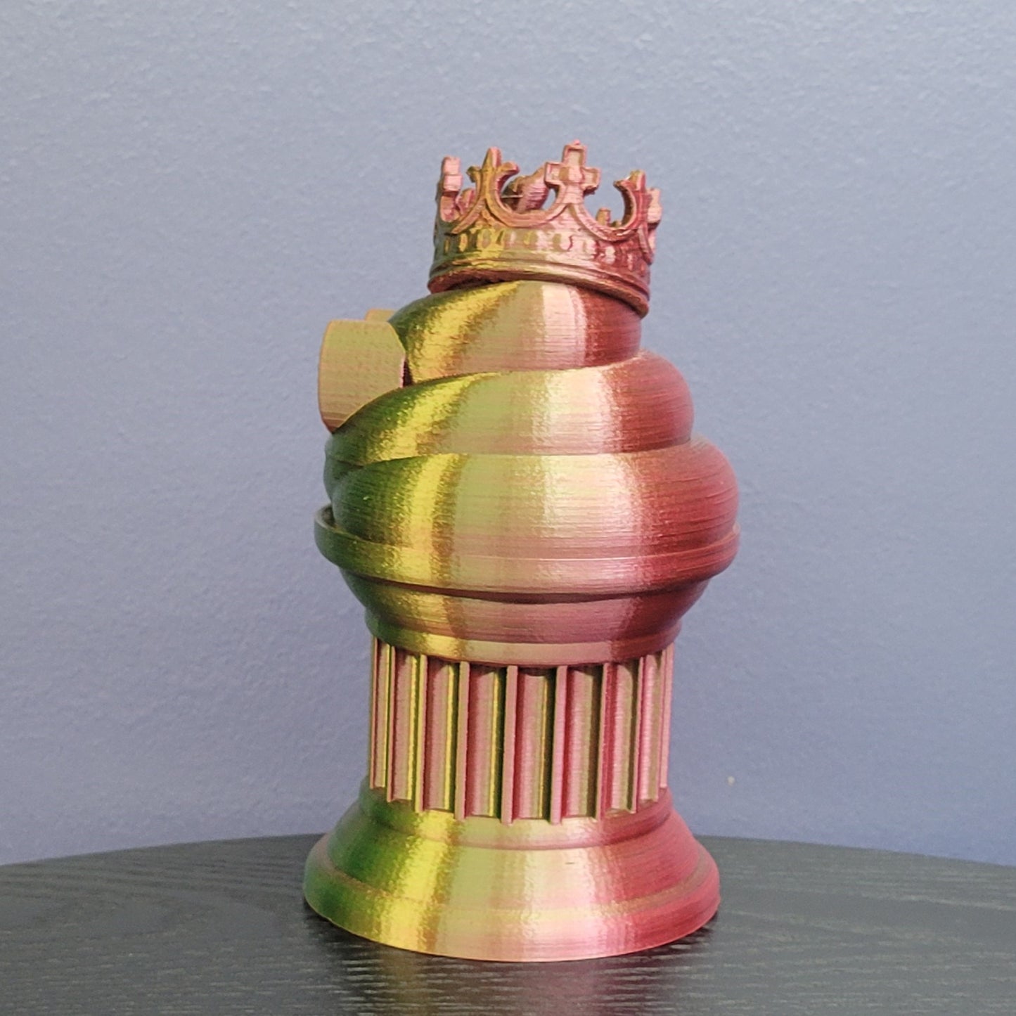 Znet3D King Poop Emoji Trophy - Fun Award & Gift - Handmade w/Additive Manufacturing - 6" inches Tall - Featuring a Solid Poop Emoji with a Crown, Secured on a Column Pillar (Red/Green)