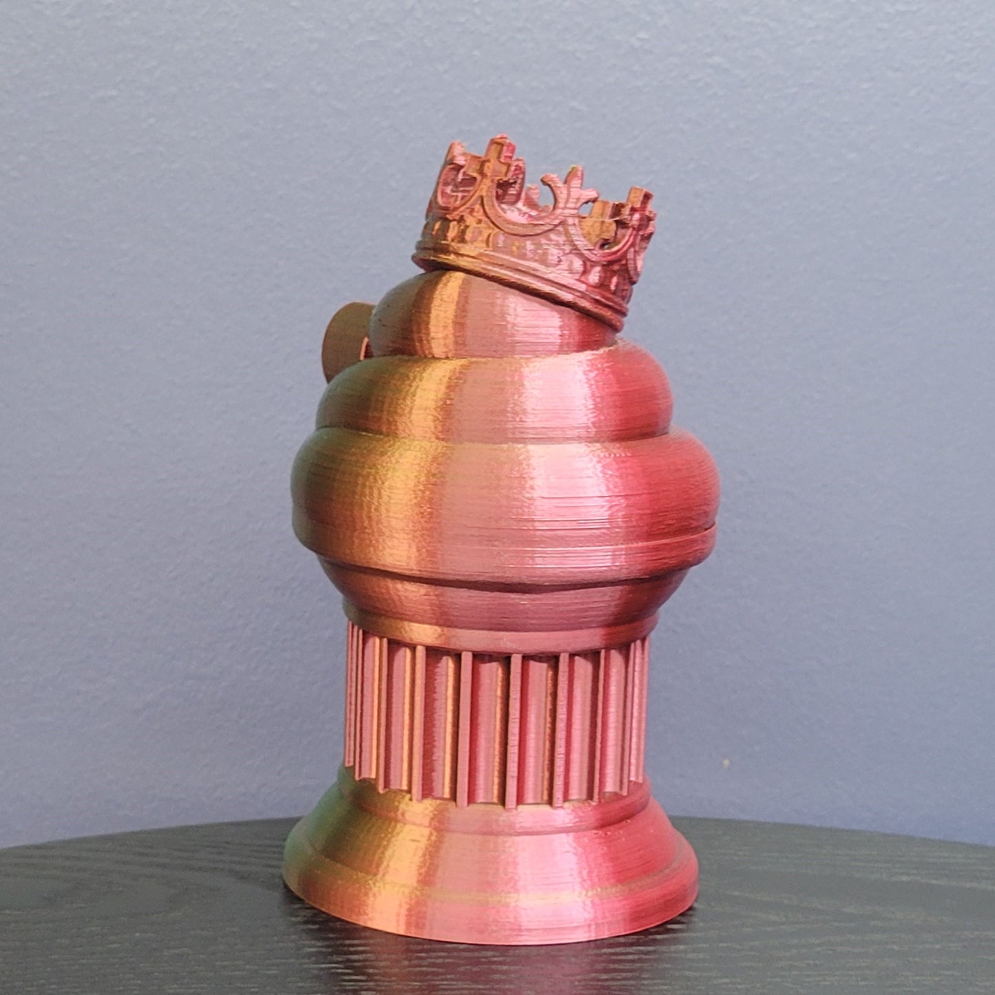 Znet3D King Poop Emoji Trophy - Fun Award & Gift - Handmade w/Additive Manufacturing - 6" inches Tall - Featuring a Solid Poop Emoji with a Crown, Secured on a Column Pillar (Red/Green)