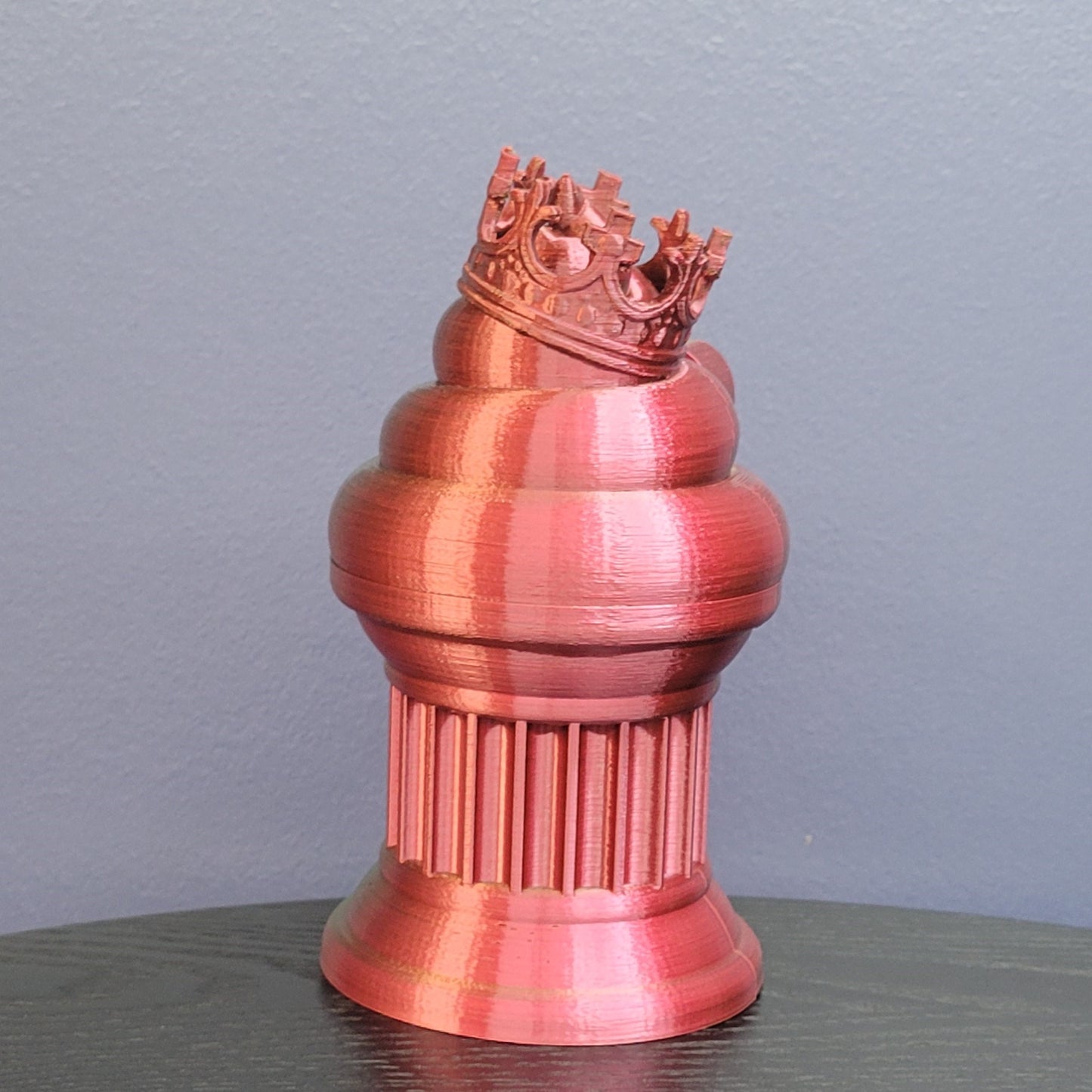 Znet3D King Poop Emoji Trophy - Fun Award & Gift - Handmade w/Additive Manufacturing - 6" inches Tall - Featuring a Solid Poop Emoji with a Crown, Secured on a Column Pillar (Red/Green)