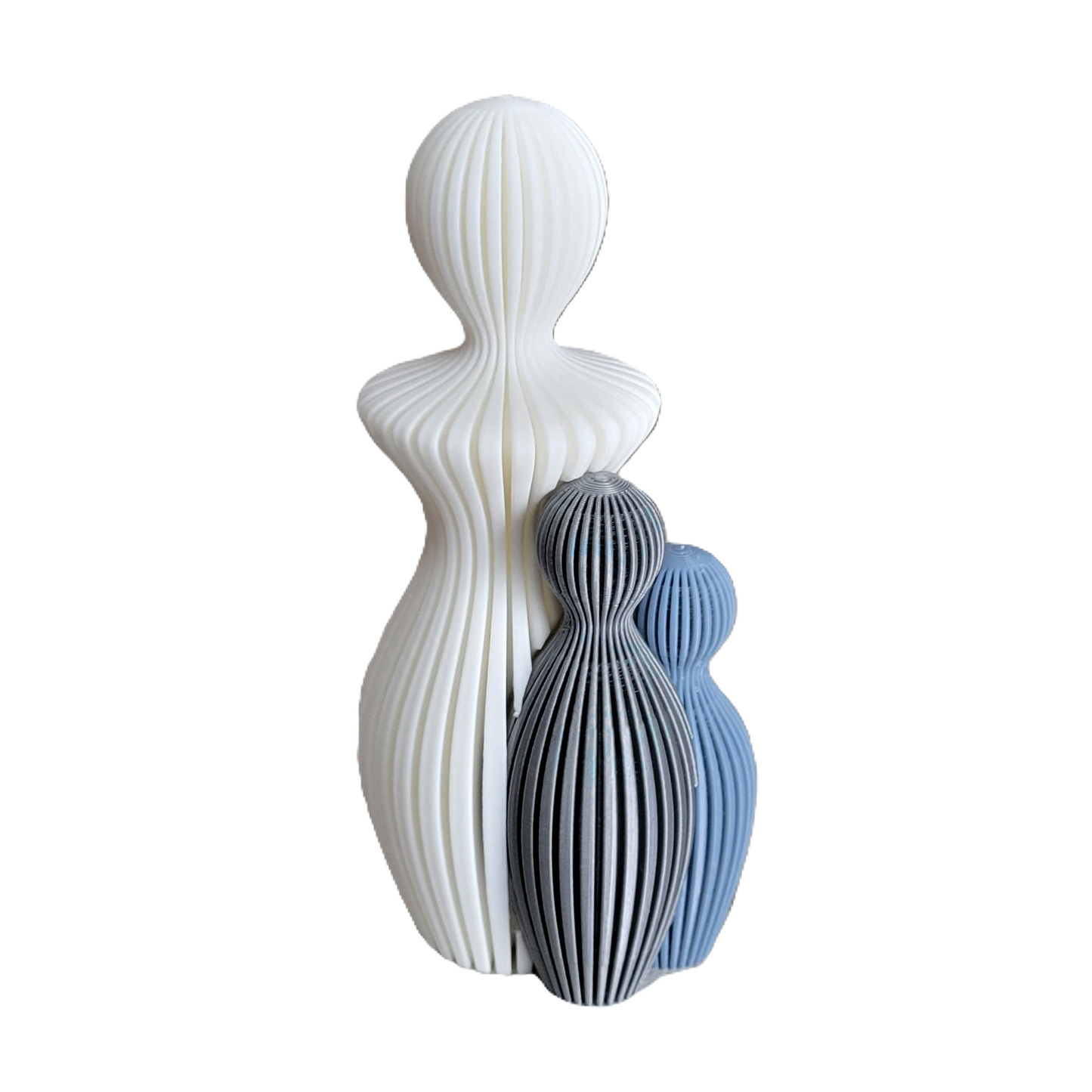 Znet3D Modern Mother and Children Decorative Sculpture, White, Grey & Blue Ribbed Design, Contemporary Art Figurine