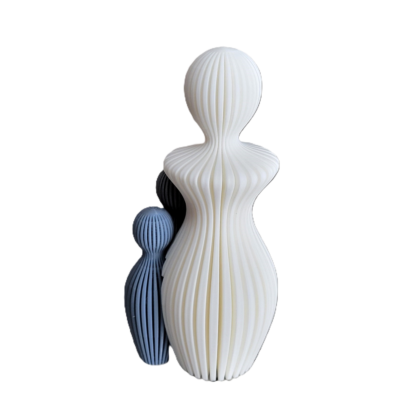 Znet3D Modern Mother and Children Decorative Sculpture, White, Grey & Blue Ribbed Design, Contemporary Art Figurine