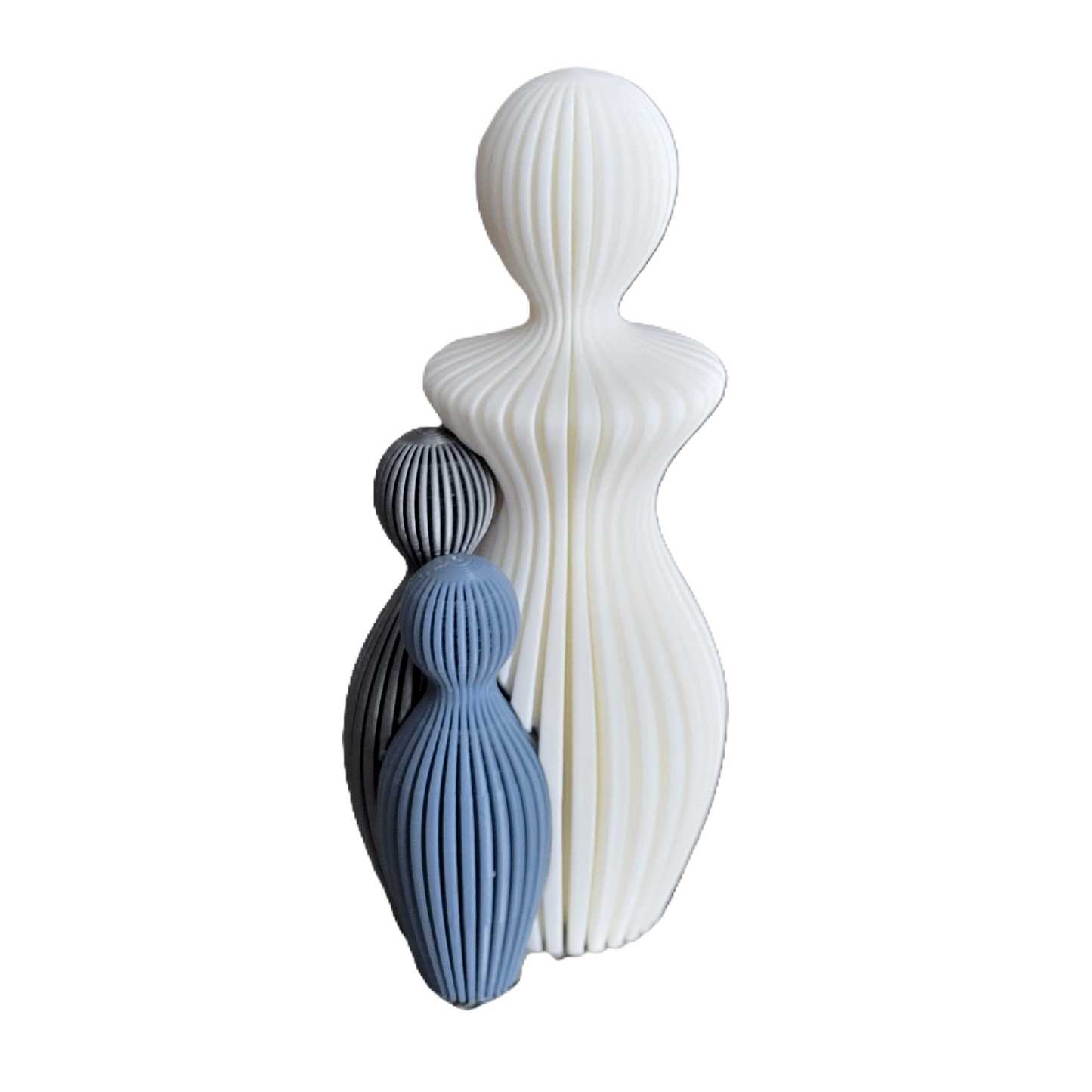 Znet3D Modern Mother and Children Decorative Sculpture, White, Grey & Blue Ribbed Design, Contemporary Art Figurine