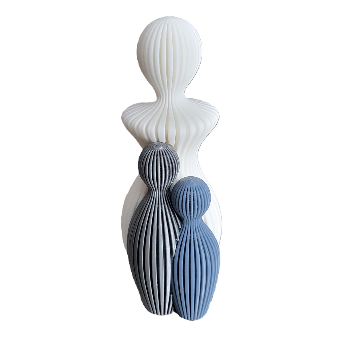 Znet3D Modern Mother and Children Decorative Sculpture, White, Grey & Blue Ribbed Design, Contemporary Art Figurine