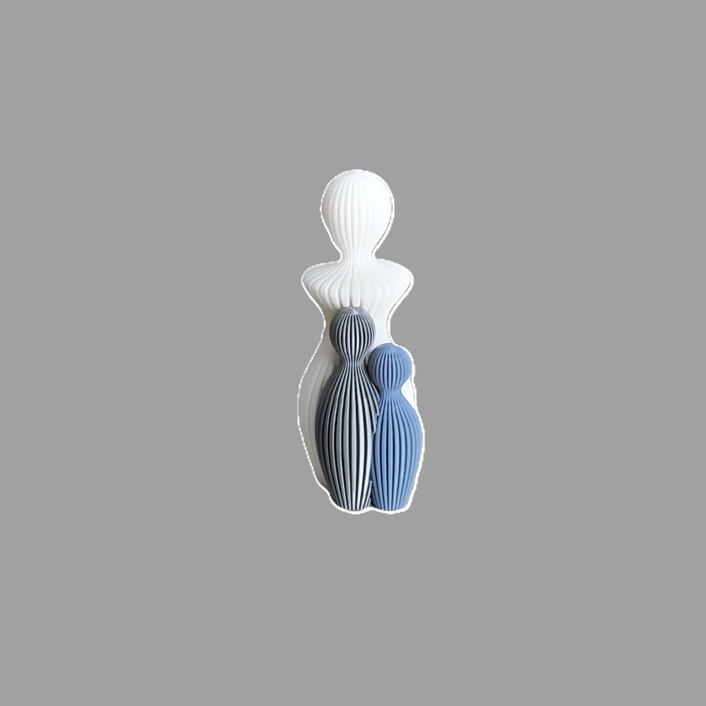 Znet3D Modern Mother and Children Decorative Sculpture, White, Grey & Blue Ribbed Design, Contemporary Art Figurine