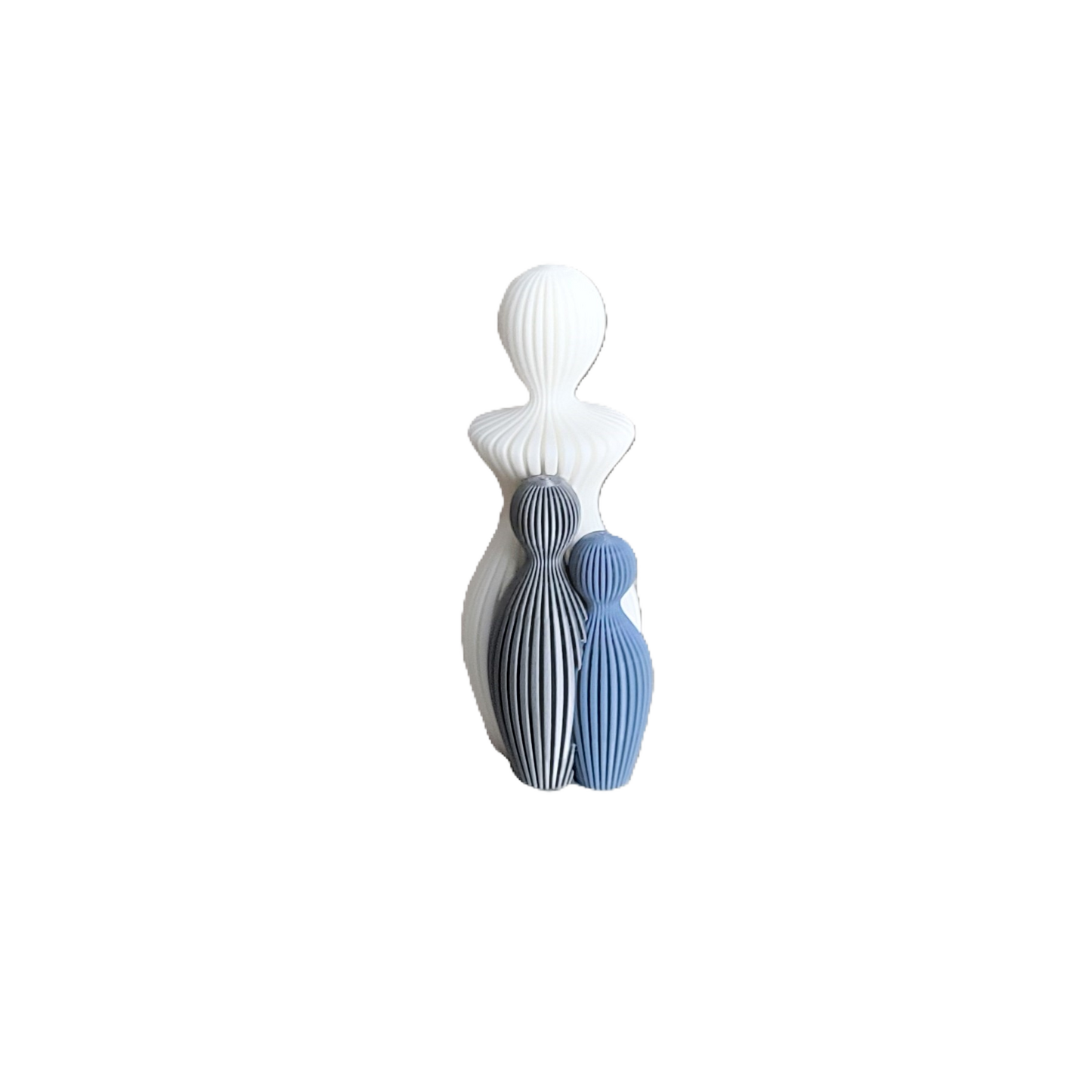 Znet3D Modern Mother and Children Decorative Sculpture, White, Grey & Blue Ribbed Design, Contemporary Art Figurine