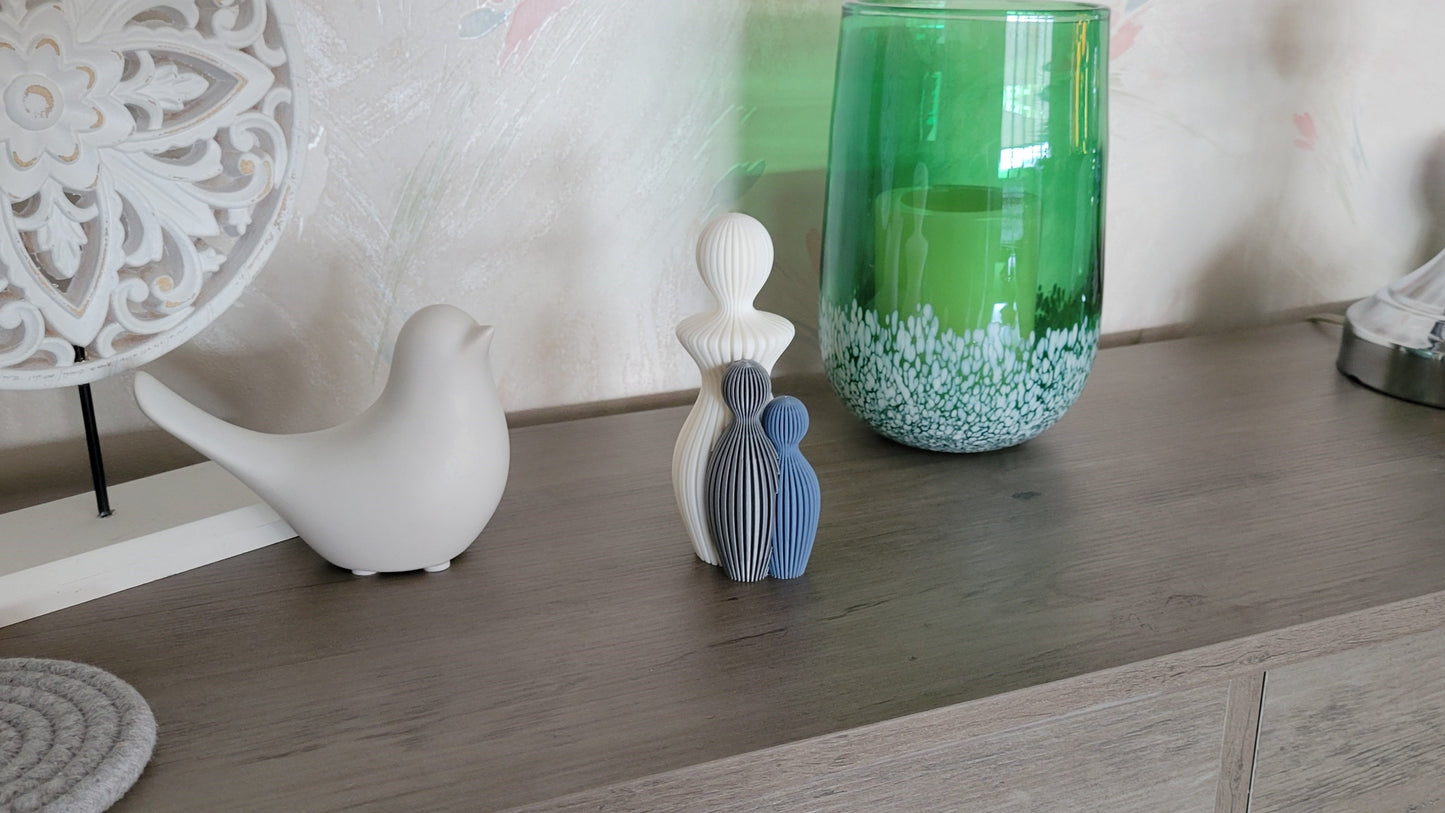 Znet3D Modern Mother and Children Decorative Sculpture, White, Grey & Blue Ribbed Design, Contemporary Art Figurine