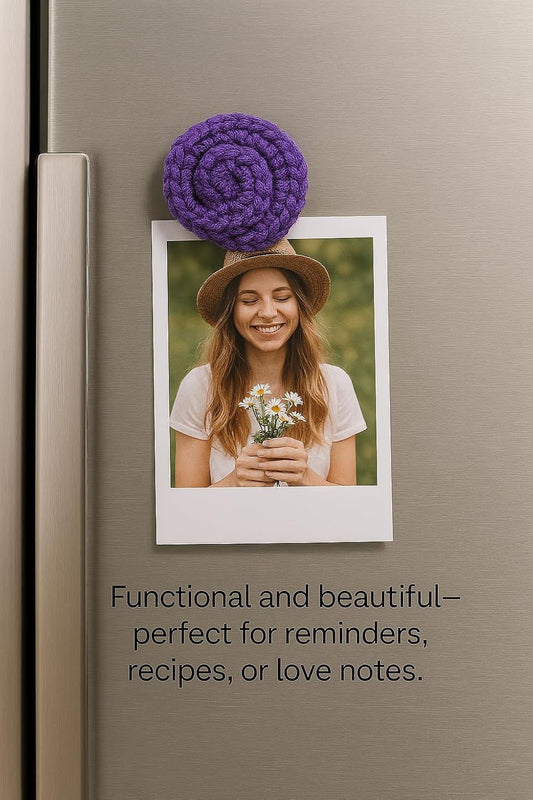 Znet3D Handmade Crochet Rose Fridge Magnet – Soft Acrylic Yarn Flower, 2.5" Diameter, Assorted Colors – Cute Home Décor, Locker Accessory, Gift for Plant Lovers & Crafters (Orange)