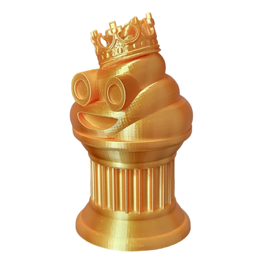 Znet3D King Poop Emoji Trophy - 6" Tall Handmade Novelty Award w/Additive Manufacturing, Solid Silk Gold Design, Crowned Poop Emoji on Column Pillar - Hilarious & Unique Gift, Award or Prize