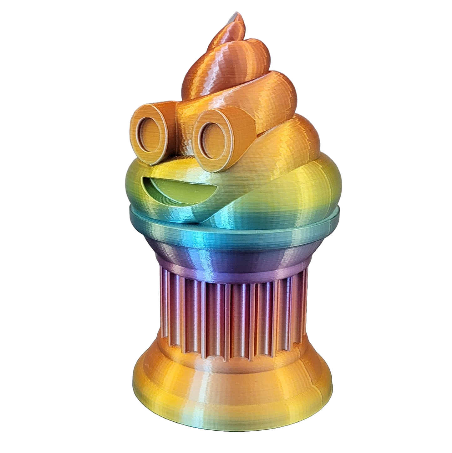 Znet3D Poop Emoji Trophy - Perfect Award or Gift - Handmade w/Additive Manufacturing - 6" inches Tall - Featuring a Solid Silk Rainbow Poop Emoji on a Column Pillar