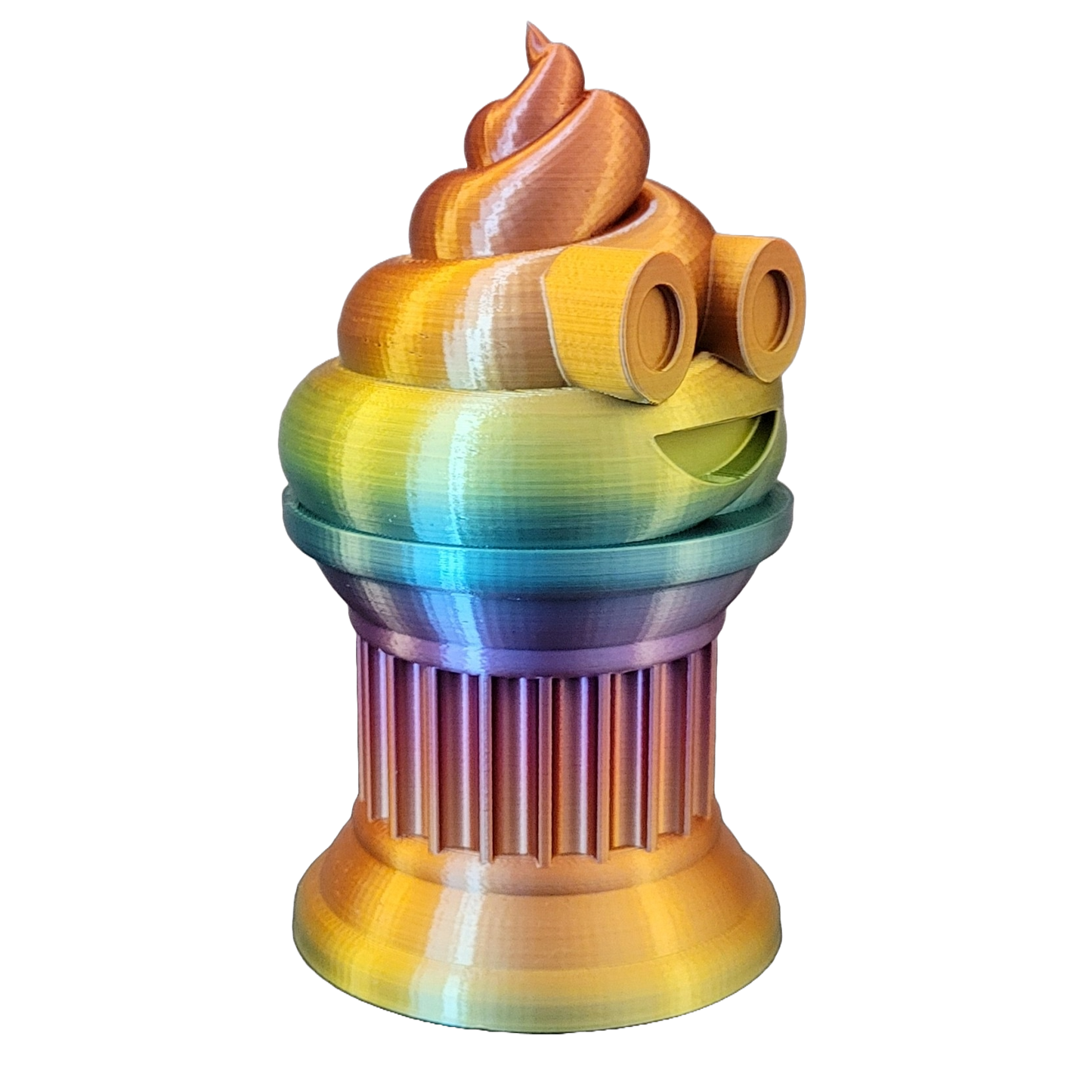 Znet3D Poop Emoji Trophy - Perfect Award or Gift - Handmade w/Additive Manufacturing - 6" inches Tall - Featuring a Solid Silk Rainbow Poop Emoji on a Column Pillar