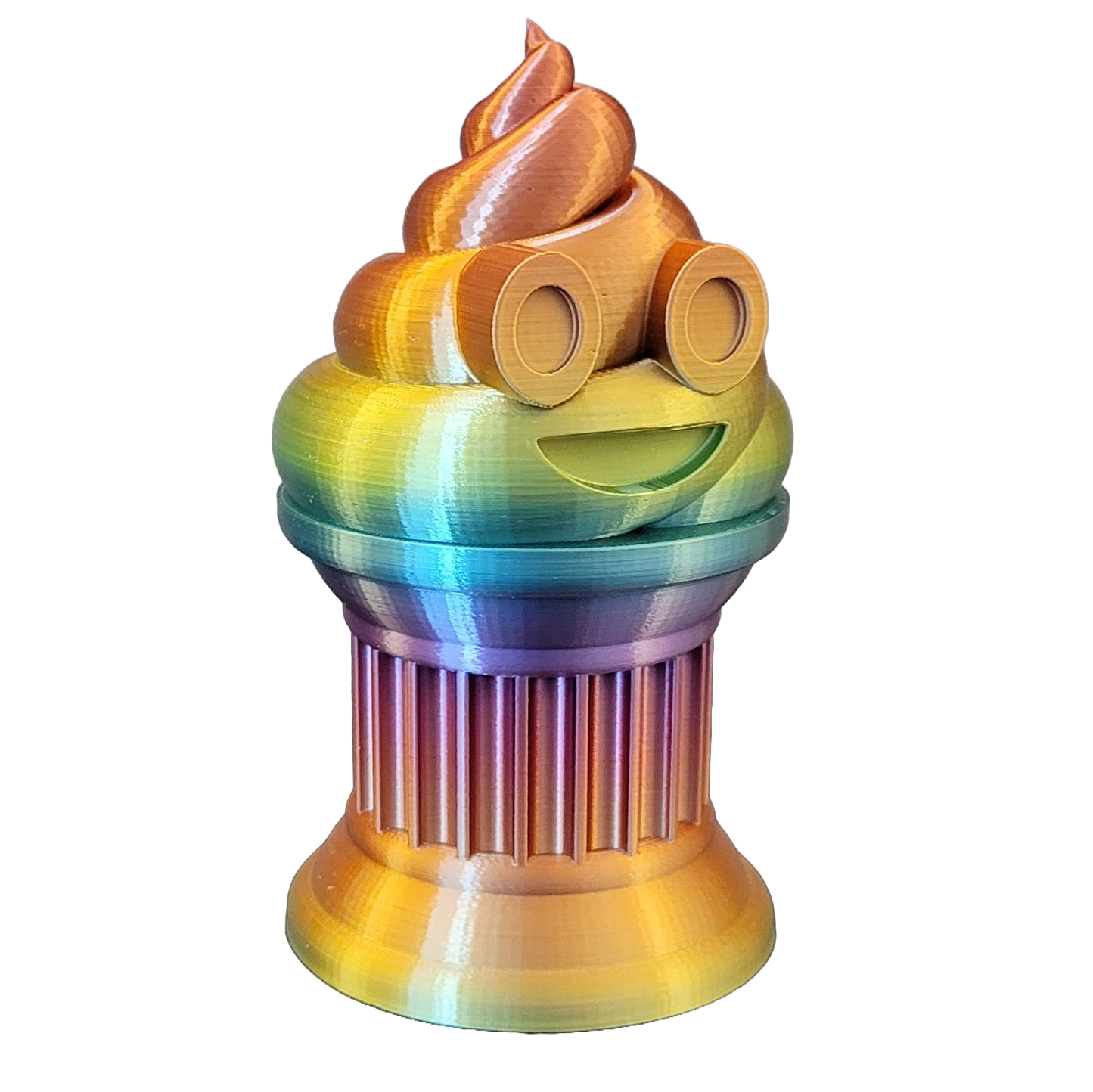 Znet3D Poop Emoji Trophy - Perfect Award or Gift - Handmade w/Additive Manufacturing - 6" inches Tall - Featuring a Solid Silk Rainbow Poop Emoji on a Column Pillar