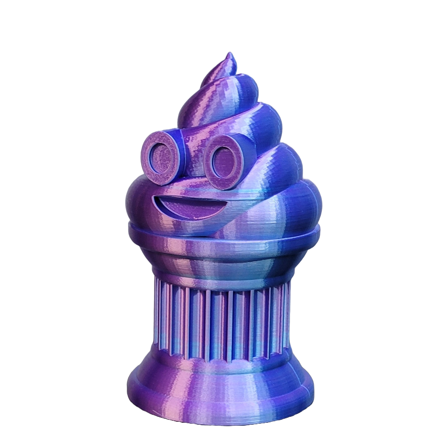 Znet3D Poop Emoji Trophy - Perfect Award or Gift - Handmade w/Additive Manufacturing - 6" inches Tall - Featuring a Solid Poop Emoji Secured on a Column Pilla (Blue/Purple)