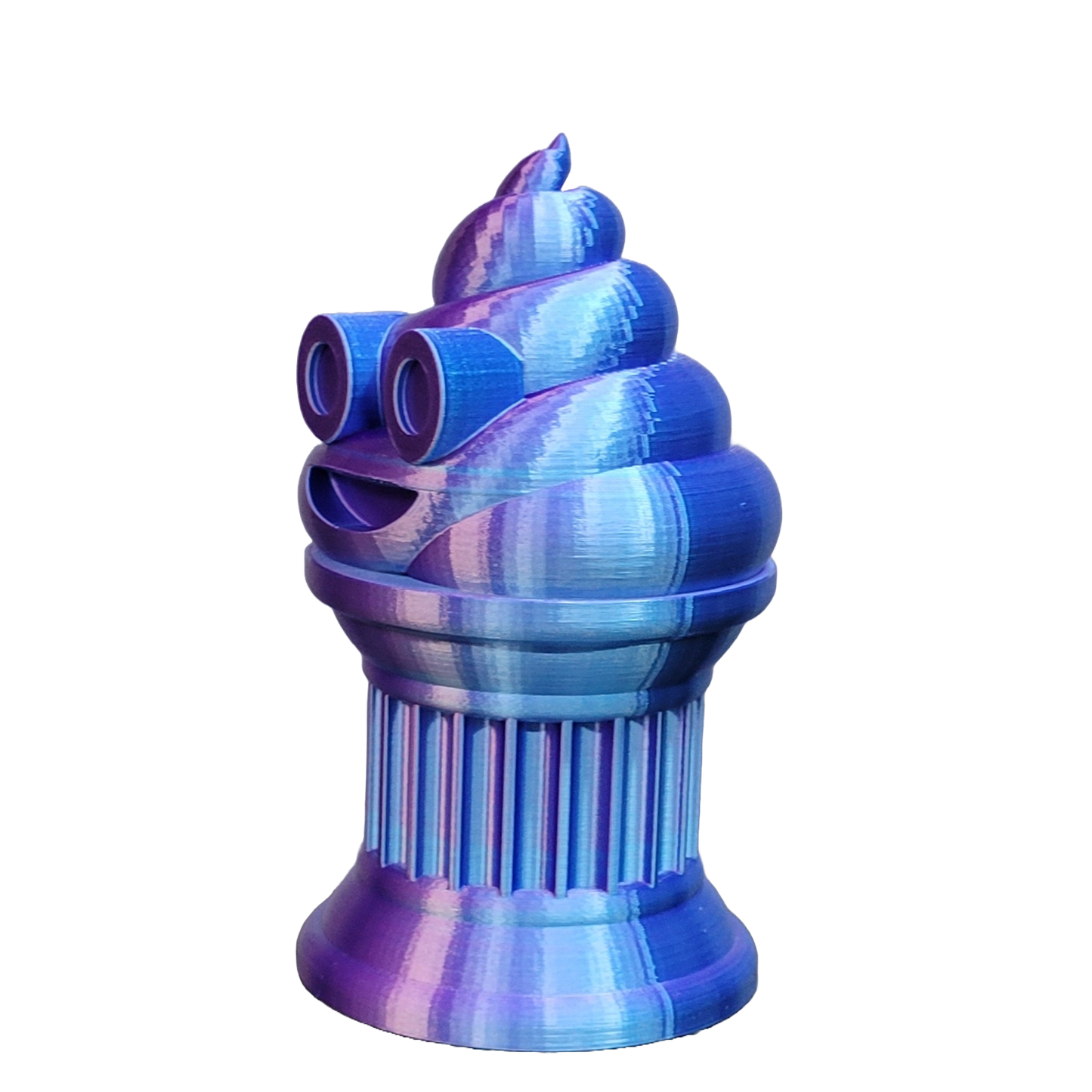 Znet3D Poop Emoji Trophy - Perfect Award or Gift - Handmade w/Additive Manufacturing - 6" inches Tall - Featuring a Solid Poop Emoji Secured on a Column Pilla (Blue/Purple)