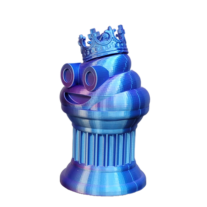 Znet3D King Poop Emoji Trophy - Fun Award & Gift - Handmade w/Additive Manufacturing - 6" inches Tall - Featuring a Solid Poop Emoji with a Crown, Secured on a Column Pillar (Blue/Purple)