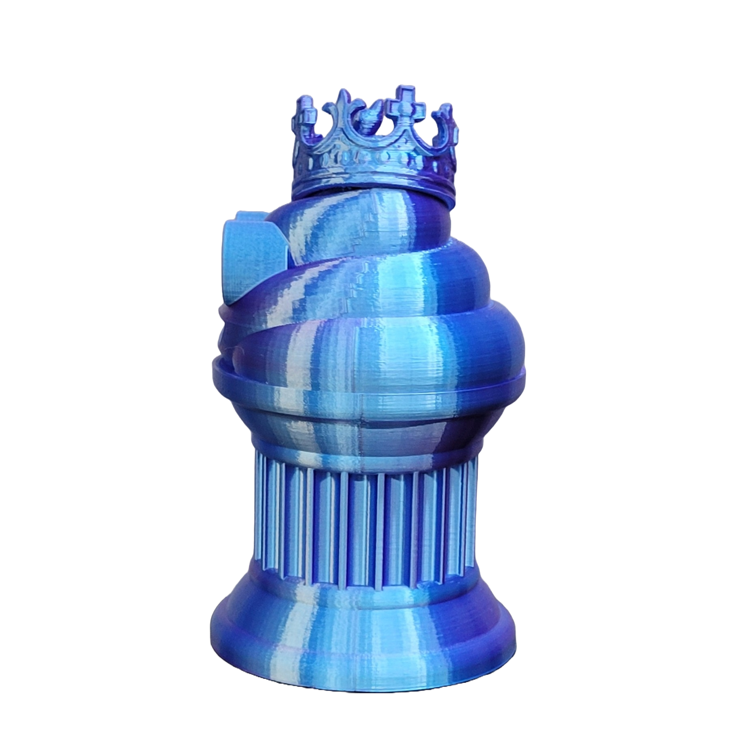 Znet3D King Poop Emoji Trophy - Fun Award & Gift - Handmade w/Additive Manufacturing - 6" inches Tall - Featuring a Solid Poop Emoji with a Crown, Secured on a Column Pillar (Blue/Purple)