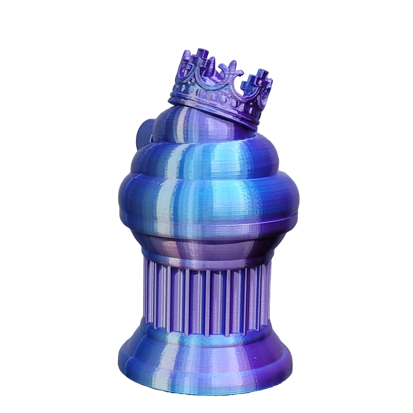 Znet3D King Poop Emoji Trophy - Fun Award & Gift - Handmade w/Additive Manufacturing - 6" inches Tall - Featuring a Solid Poop Emoji with a Crown, Secured on a Column Pillar (Blue/Purple)