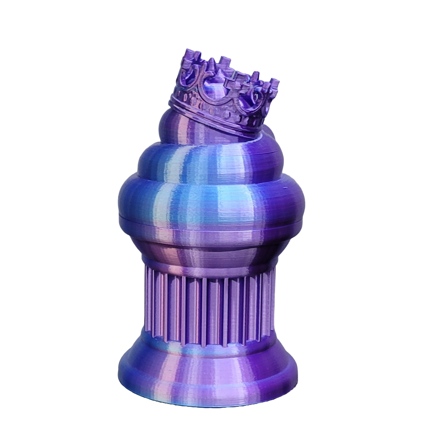 Znet3D King Poop Emoji Trophy - Fun Award & Gift - Handmade w/Additive Manufacturing - 6" inches Tall - Featuring a Solid Poop Emoji with a Crown, Secured on a Column Pillar (Blue/Purple)