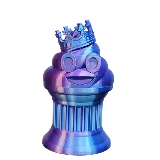 Znet3D King Poop Emoji Trophy - Fun Award & Gift - Handmade w/Additive Manufacturing - 6" inches Tall - Featuring a Solid Poop Emoji with a Crown, Secured on a Column Pillar (Blue/Purple)