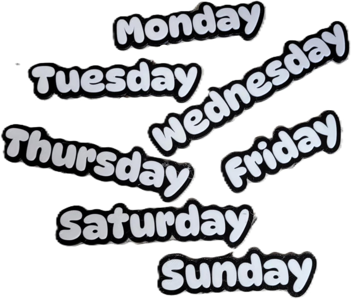 Znet3D Days of The Week Magnets – Dual-Color Black/White & White/Black – 2 Strong 10x2mm Neodymium – Custom Color Options – Durable Labels for Planners, Boards & Organizers (Black/White)