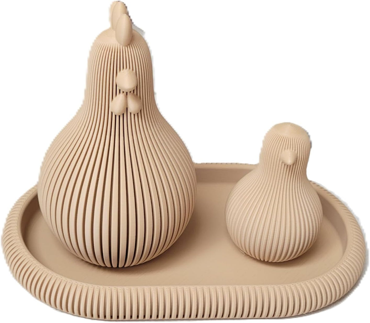 Znet3D Japandi Hen and Chick Figurine Set with Tray Fluted Minimalist Shelf Decor, Latte Brown