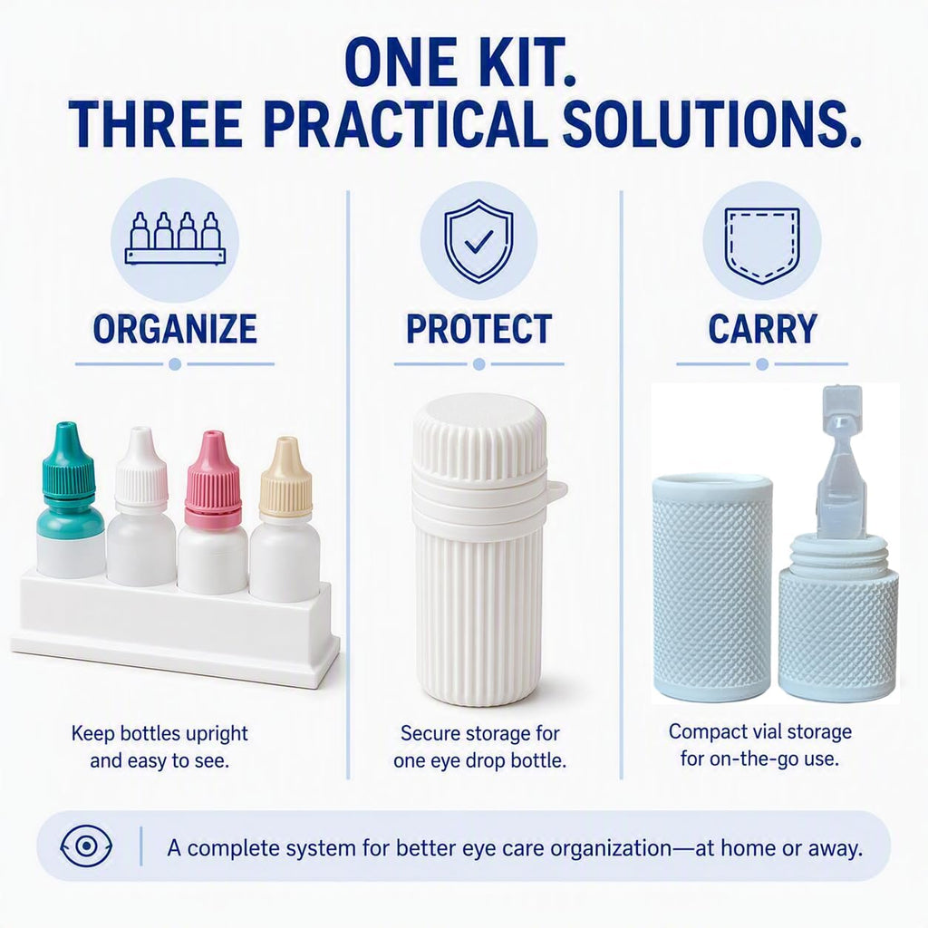 Znet3D Vision Eye Care Starter Kit – Eye Drop Organizer, Travel Bottle Holder & Pocket Vial Holder – Complete Home & Travel Storage Solution for Eye Drops and Single-Use Vials – Made in USA