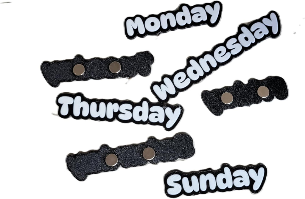 Znet3D Days of The Week Magnets – Dual-Color Black/White & White/Black – 2 Strong 10x2mm Neodymium – Custom Color Options – Durable Labels for Planners, Boards & Organizers (Black/White)