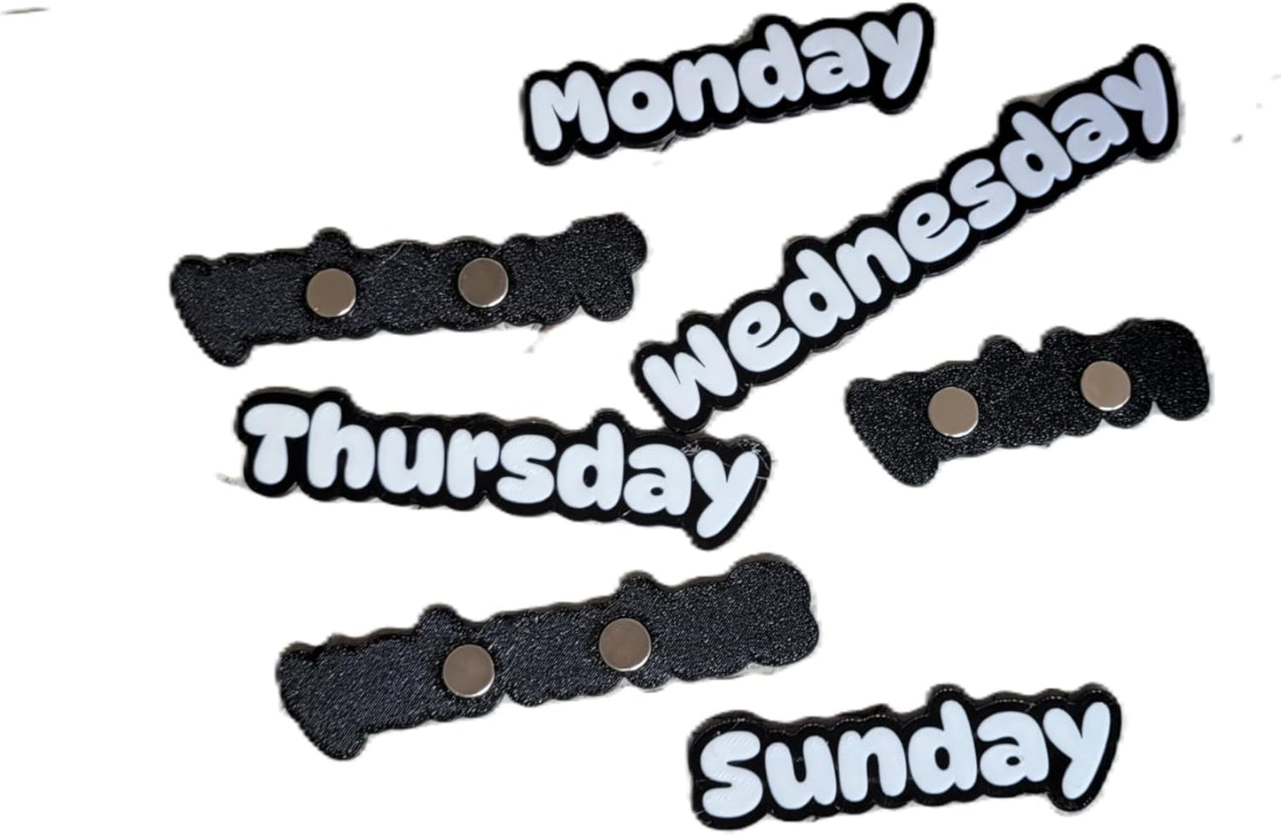 Znet3D Days of The Week Magnets – Dual-Color Black/White & White/Black – 2 Strong 10x2mm Neodymium – Custom Color Options – Durable Labels for Planners, Boards & Organizers (Black/White)
