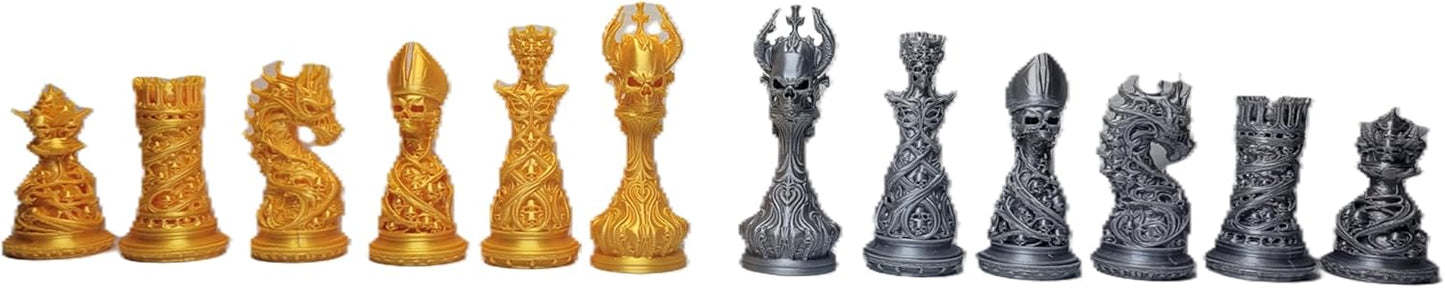 Gothic Dragon-Skull Chess Set — Silk Silver and Gold Metallic Finish 32-Piece Set Only by Znet3D