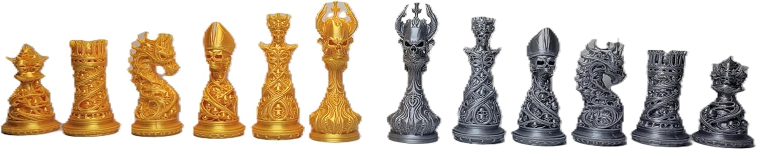 Gothic Dragon-Skull Chess Set — Silk Silver and Gold Metallic Finish 32-Piece Set Only by Znet3D