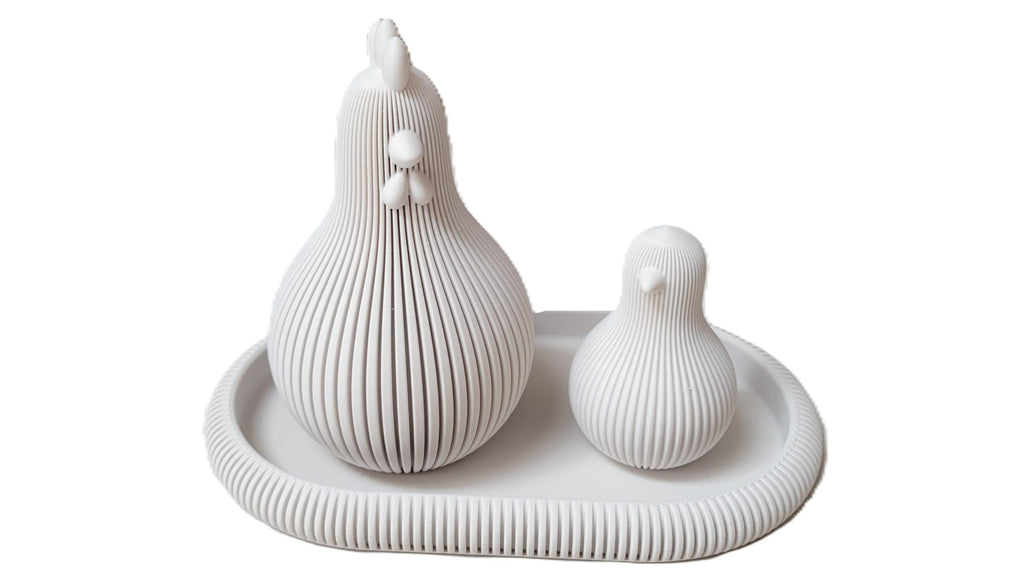 Znet3D Japandi Hen and Chick Figurine Set with Tray Fluted Minimalist Shelf Decor, Latte Brown