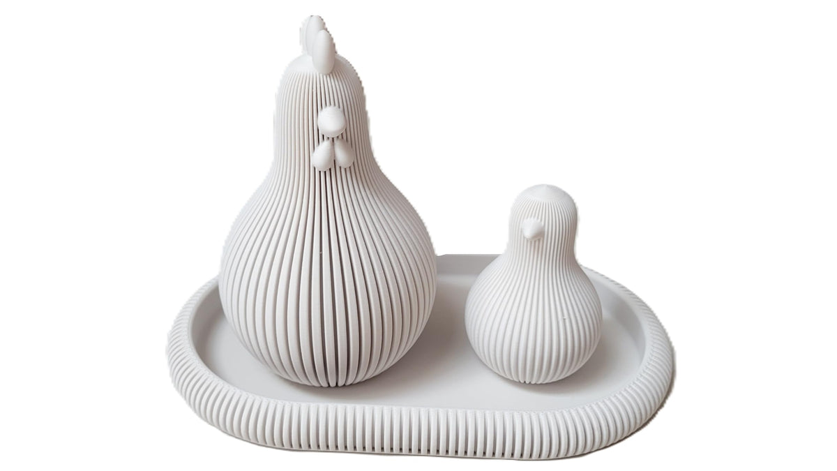 Znet3D Japandi Hen and Chick Figurine Set with Tray Fluted Minimalist Shelf Decor, Latte Brown