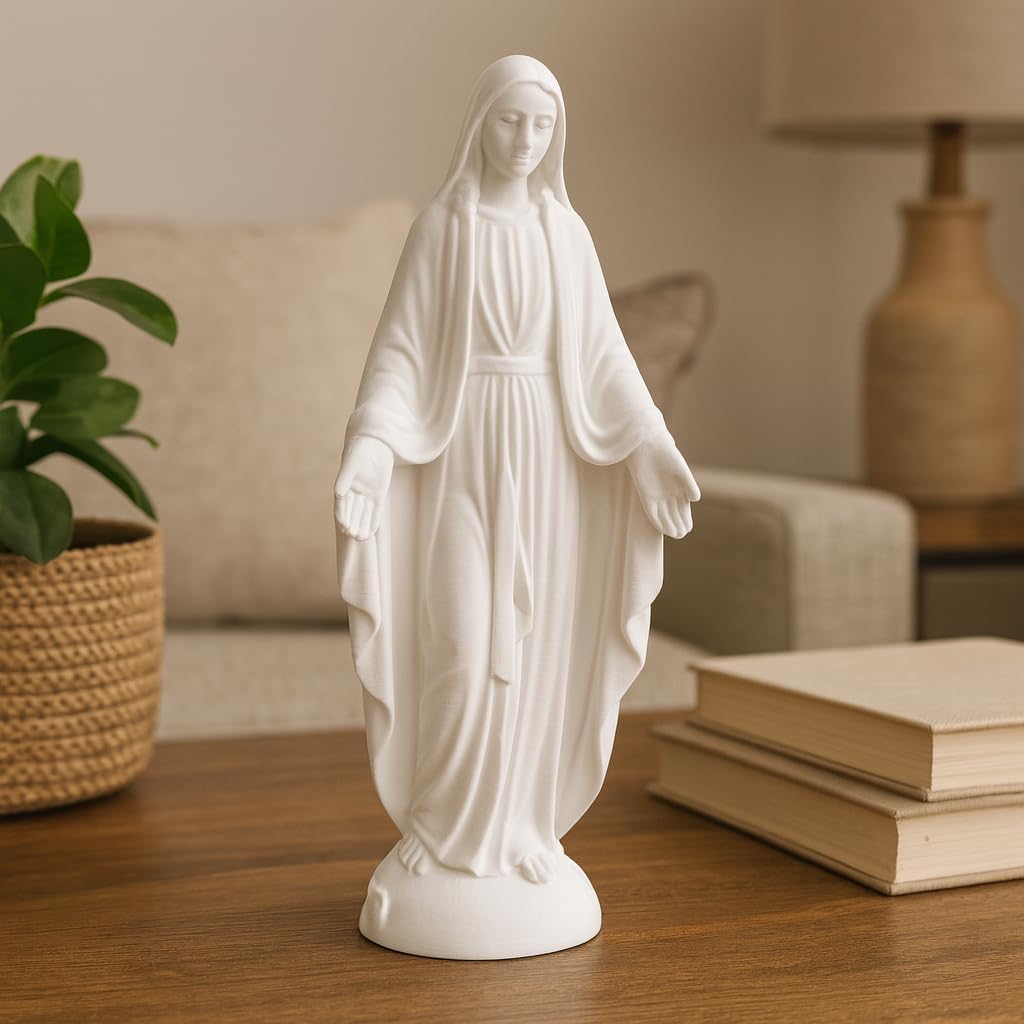 Znet3D Virgin Mary Statue – Our Lady Blessed Mother Figurine with Open Arms – Made in USA – White PLA Plastic Mary Sculpture – Catholic Home Décor – 5.5 Inch Tall (White)