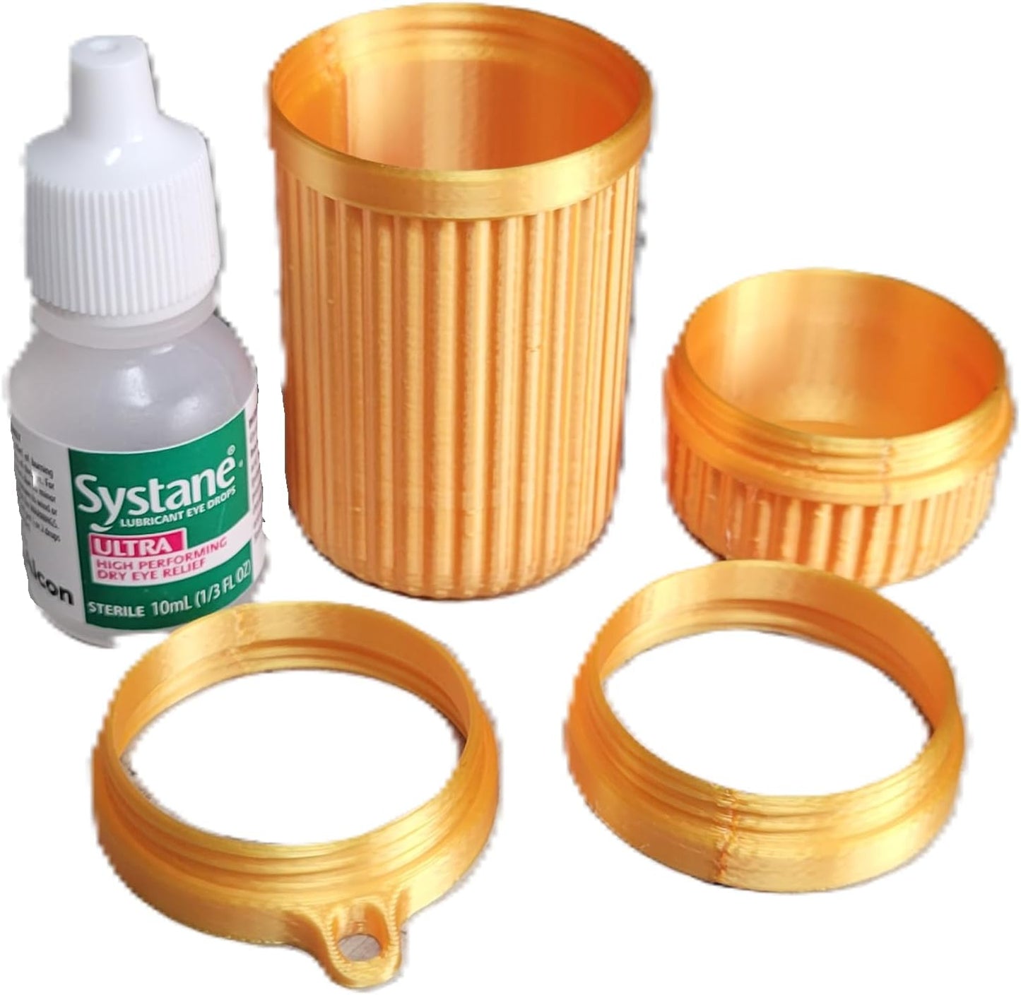 Znet3D Eye Drop Bottle Travel Capsule – Single Bottle Holder with Screw‑On Lid, Height Extender & Keychain Spacer – Compact Protective Case – Made in USA (Gold)