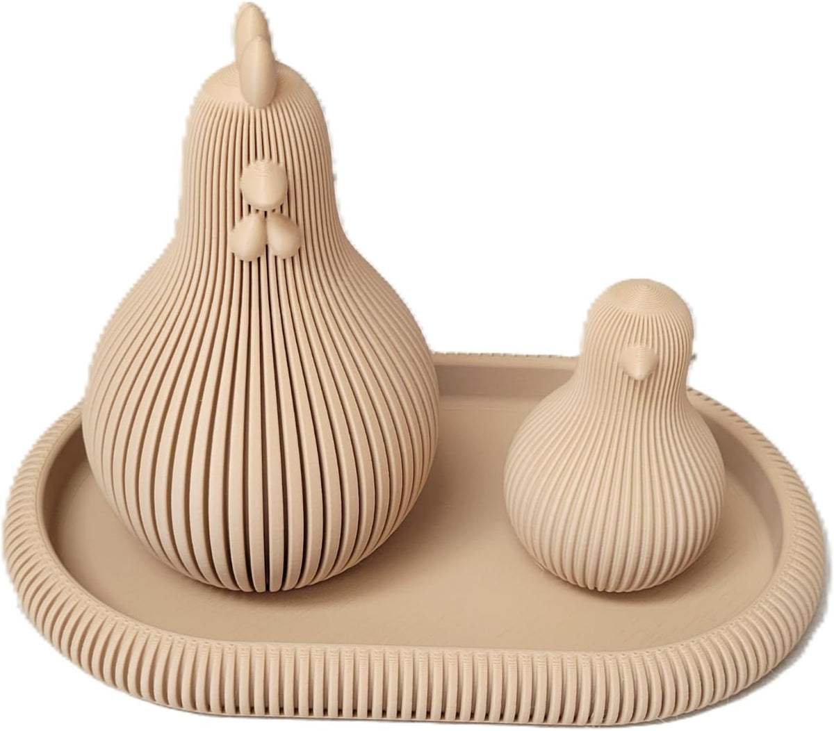 Znet3D Japandi Hen and Chick Figurine Set with Tray Fluted Minimalist Shelf Decor, Latte Brown