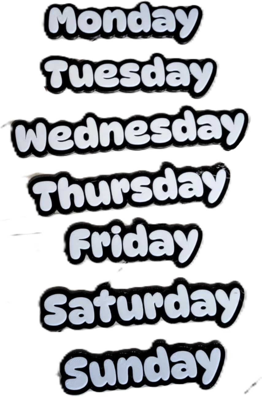 Znet3D Days of The Week Magnets – Dual-Color Black/White & White/Black – 2 Strong 10x2mm Neodymium – Custom Color Options – Durable Labels for Planners, Boards & Organizers (Black/White)