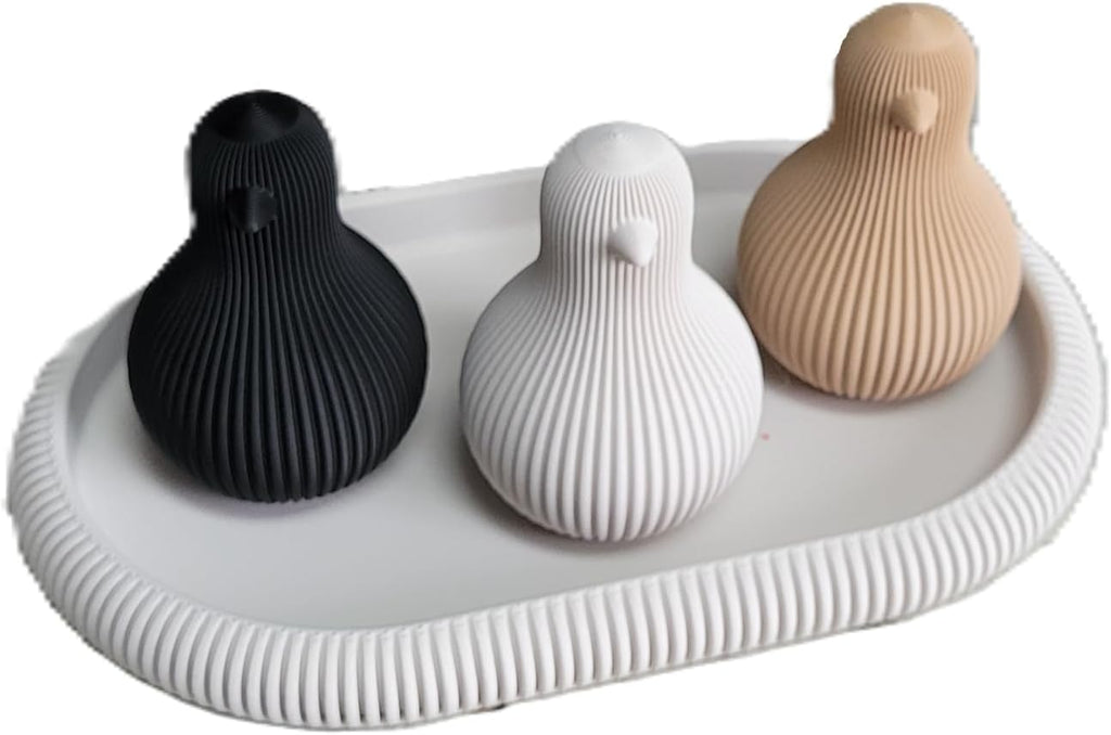 Znet3D Japandi Chick Figurine Set of 3 with Tray Minimalist Fluted Shelf Decor, Bone White