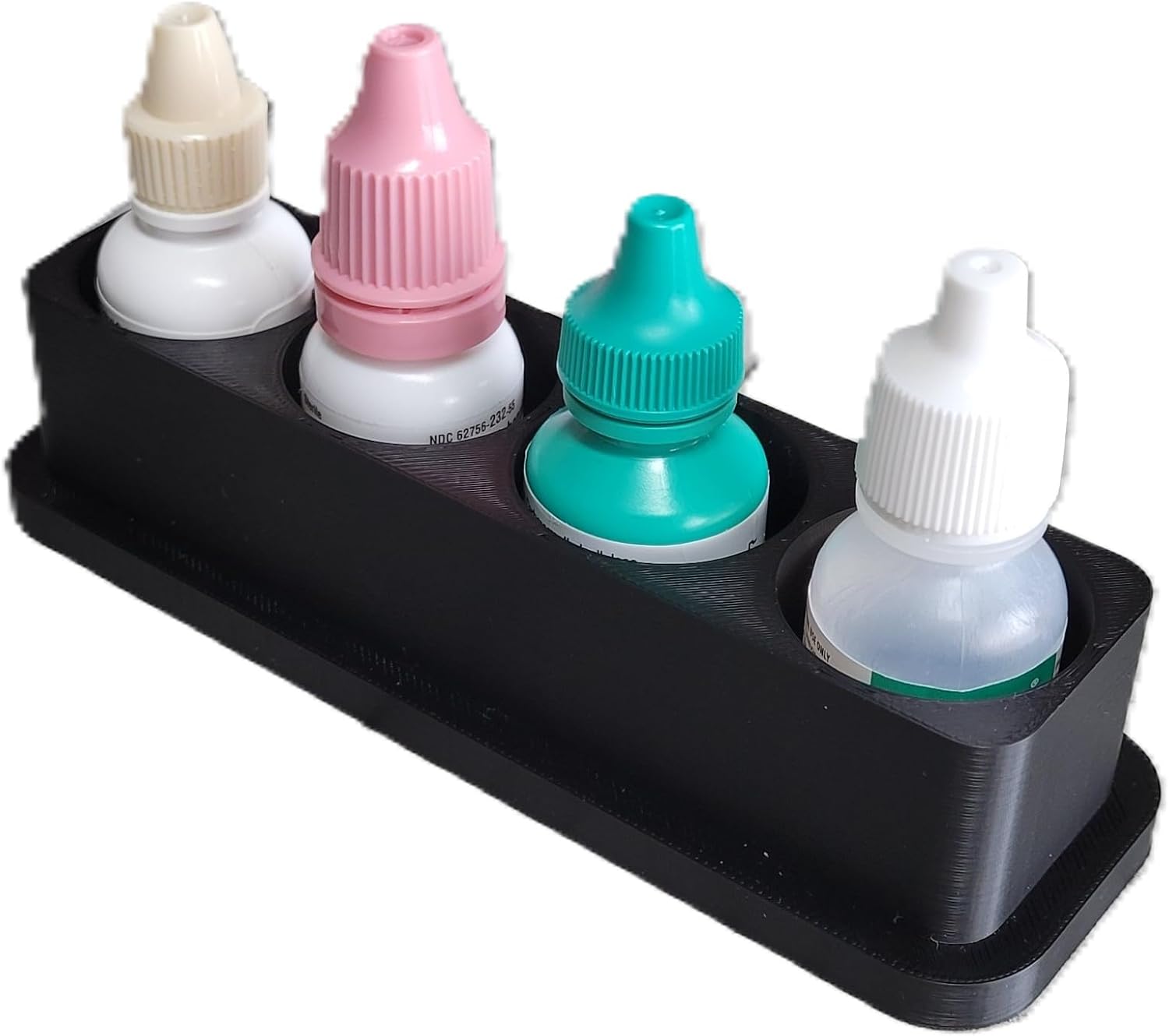 Znet3D Eye Drop Bottle Organizer – 4‑Slot Upright Holder with Wider Base & Deeper Wells – Stable Countertop Storage Stand Made in USA (Black)