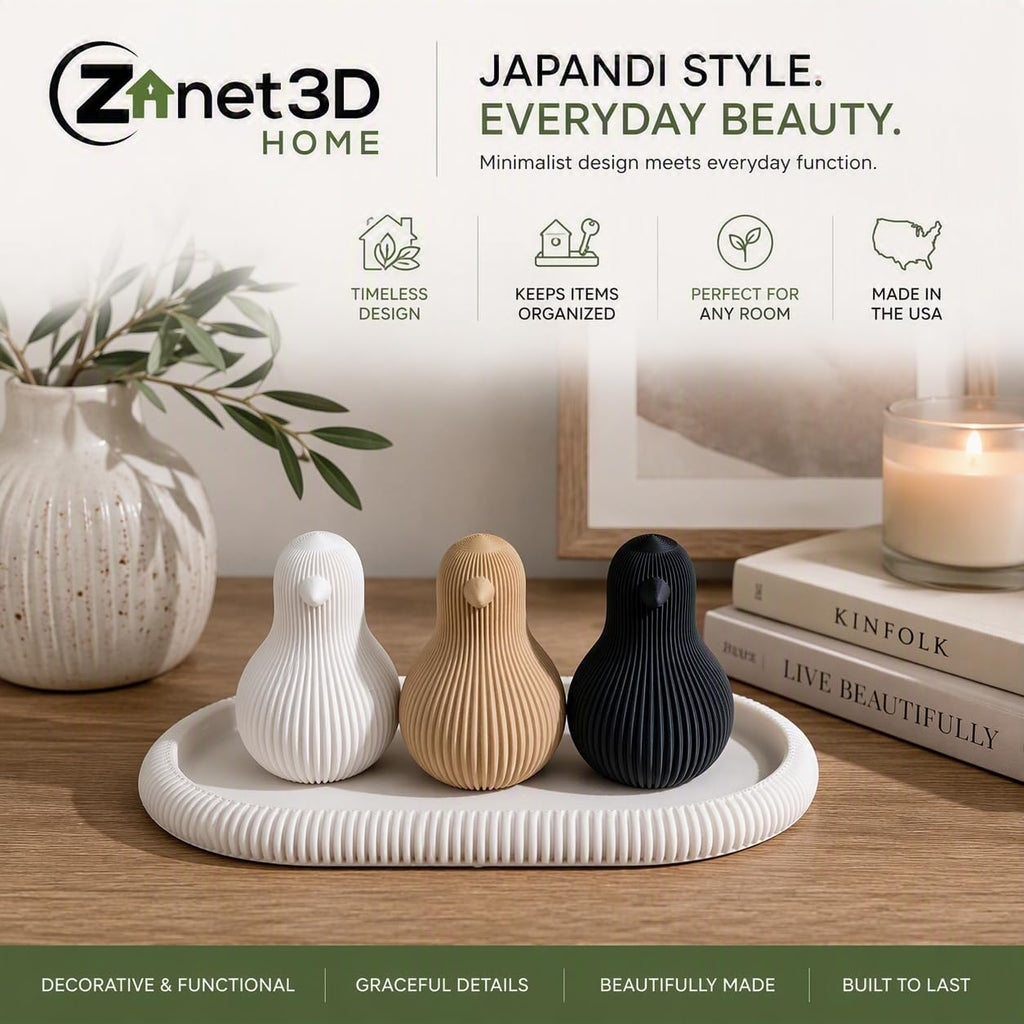 Znet3D Japandi Chick Figurine Set of 3 with Tray Minimalist Fluted Shelf Decor, Bone White