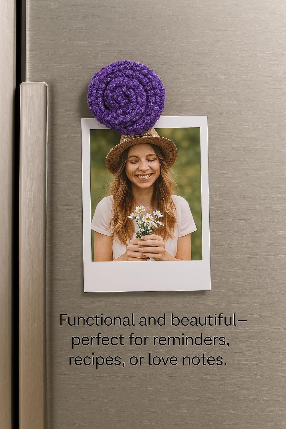 Znet3D Handmade Crochet Rose Fridge Magnet – Soft Acrylic Yarn Flower, 2.5" Diameter, Assorted Colors – Cute Home Décor, Locker Accessory, Gift for Plant Lovers & Crafters (Orange)