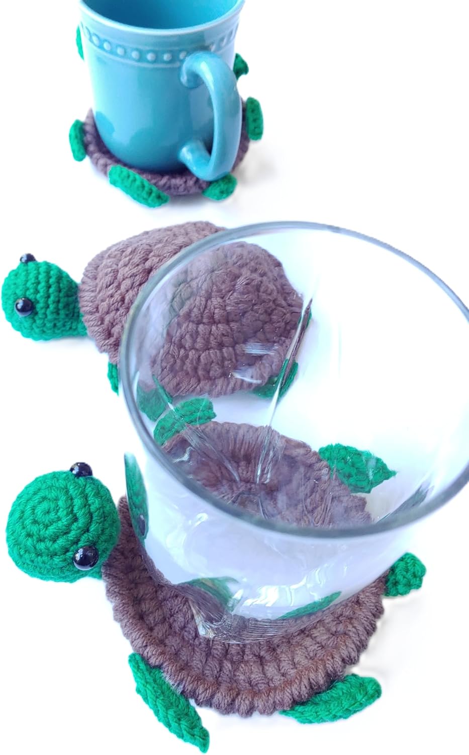 Handmade Crochet Pop‑Up Turtle Coasters (Set of 2) – Flip‑Up Amigurumi Turtle Drink Mats, Fun Interactive Mug & Glass Coaster Gift