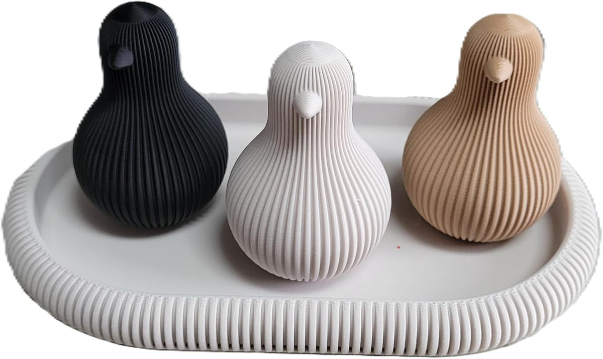 Znet3D Japandi Chick Figurine Set of 3 with Tray Minimalist Fluted Shelf Decor, Bone White