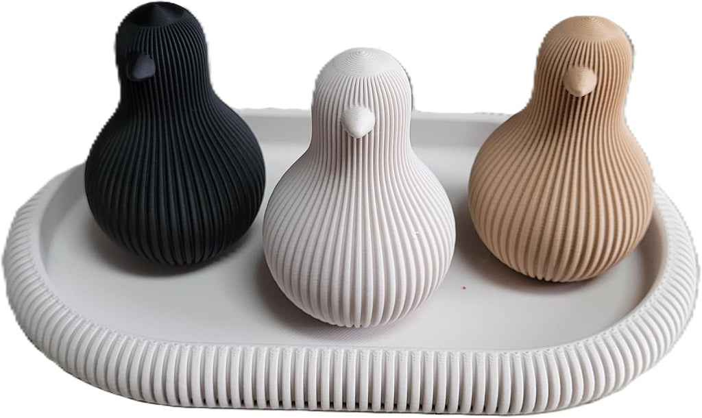 Znet3D Japandi Chick Figurine Set of 3 with Tray Minimalist Fluted Shelf Decor, Bone White
