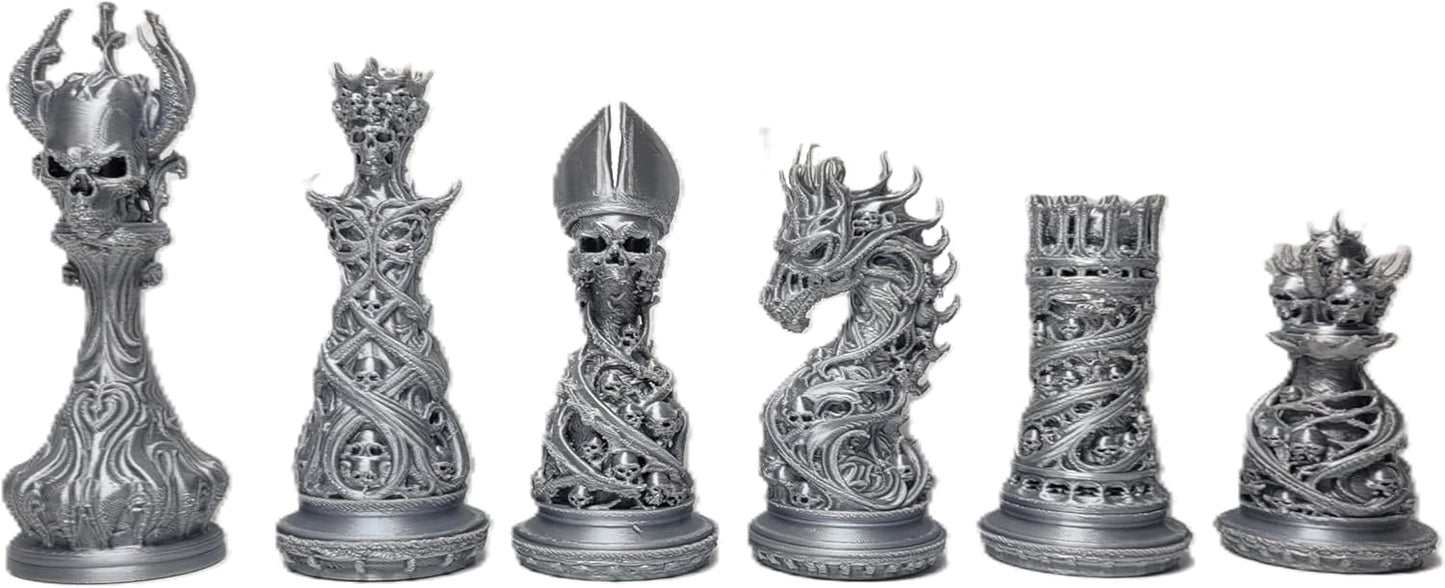Gothic Dragon-Skull Chess Set — Silk Silver and Gold Metallic Finish 32-Piece Set Only by Znet3D