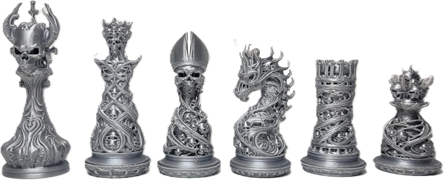 Gothic Dragon-Skull Chess Set — Silk Silver and Gold Metallic Finish 32-Piece Set Only by Znet3D