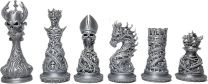 Gothic Dragon-Skull Chess Set — Silk Silver and Gold Metallic Finish 32-Piece Set Only by Znet3D
