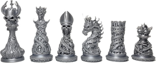Gothic Dragon-Skull Chess Set — Silk Silver and Gold Metallic Finish 32-Piece Set Only by Znet3D