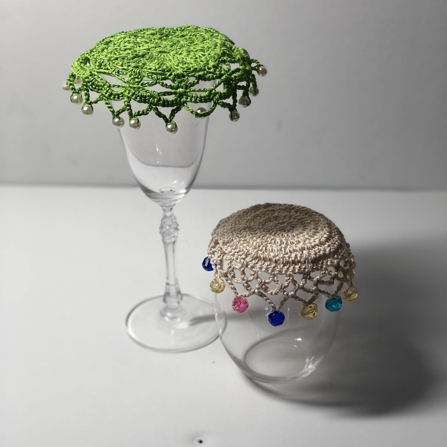 Znet3D Handmade Crochet Wine Glass Covers – Vintage-Inspired Beaded Doilies for Bug & Dust Protection, Reusable Drink Covers in Assorted Colors (Beige)