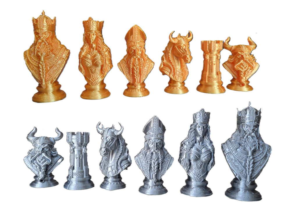 Viking Warrior Chess Set Pieces – Silk Gold & Silver Sculptures | Norse Fantasy Set by Znet3D (Board Not Included) (Gold/Black & Red/Black)