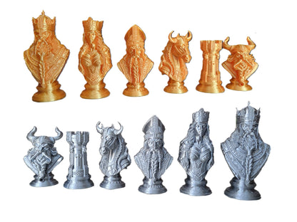 Viking Warrior Chess Set Pieces – Silk Gold & Silver Sculptures | Norse Fantasy Set by Znet3D (Board Not Included) (Gold/Black & Red/Black)