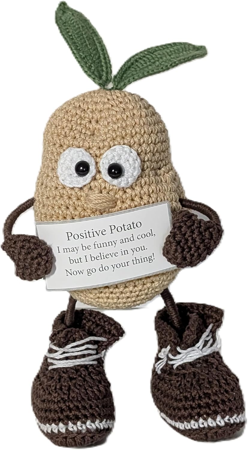 Znet3D Handmade Crochet Positive Potato with Inspirational Message Card – Funny Encouragement Gift, Desk Decor, Office Gift, Motivational Plush Companion – 8 Inch Standing Potato